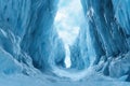 close-up of a deep glacier crevasse with jagged icy edges