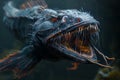 Close-up of a deep-sea predator fish with sharp teeth and a menacing look, showcasing the mysterious underwater world Royalty Free Stock Photo