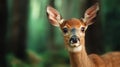 A close up of a deer looking at the camera in front of trees, AI Royalty Free Stock Photo