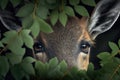 close-up of deer's face, with its eyes and nose peeking out from behind the foliage