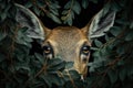 close-up of deer's face, with its eyes and nose peeking out from behind the foliage