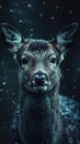 A close up of a deer in the snow, animalistic wallpaper background