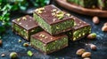 Close-Up of Delicate Arabic Sweets with Pistachio Spread, Dark Green Dessert Presentation in Stack Royalty Free Stock Photo
