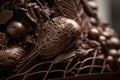 close-up of delicate chocolate sculpture, with detailed textures and patterns