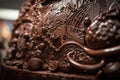 close-up of delicate chocolate sculpture, with detailed textures and patterns
