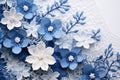 Close up delicate embroidered blue lace with pattern of flowers on white background Royalty Free Stock Photo