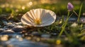 Serene White Poppy Flower in Golden Sunlight by a Stream Royalty Free Stock Photo