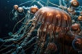 close-up of the delicate and intricate tentacles of a jellyfish