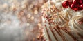 Close up of a delicate white birthday cake with gold glitter and confetti, decorated with red glitter berries. Luxury background Royalty Free Stock Photo