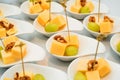 Appetizer of cheese cubes, grapes and walnut Royalty Free Stock Photo