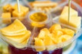 Plastic cheese plate with various sorts of cheese close Royalty Free Stock Photo