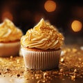 Close-up Delicious appetizing cupcakes with vanilla cream and gold sprinkles