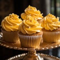 Close-up Delicious appetizing yellow cupcakes with lots of cream and sprinkles