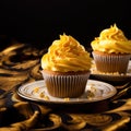 Close-up Delicious appetizing yellow cupcakes with lots of cream and sprinkles