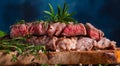 Close-up of delicious beef steak on a wooden table, still life. Rare steak. Dark blue background, cooking and recipe book, cooking