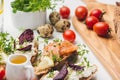 Close-up delicious,  bread toast with salmon, soft cheese Royalty Free Stock Photo