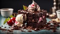 Close-up of a delicious brownie with ice cream and a cherry