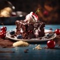 Close-up of a delicious brownie with ice cream and a cherry