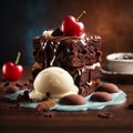 Close-up of a delicious brownie with ice cream and a cherry