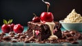 Close-up of a delicious brownie with ice cream and a cherry