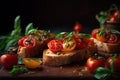 close-up of delicious bruschetta, with fresh basil and juicy cherry tomatoes