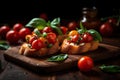 close-up of delicious bruschetta, with fresh basil and juicy cherry tomatoes