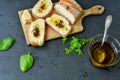 Home made italian ciabatta bread, olive oil and parmesan cheese Royalty Free Stock Photo