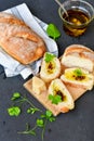 Home made italian ciabatta bread, olive oil and parmesan cheese Royalty Free Stock Photo