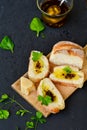 Home made italian ciabatta bread, olive oil and parmesan cheese Royalty Free Stock Photo