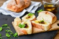 Home made italian ciabatta bread, olive oil and parmesan cheese Royalty Free Stock Photo