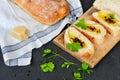 Home made italian ciabatta bread, olive oil and parmesan cheese Royalty Free Stock Photo