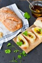 Home made italian ciabatta bread, olive oil and parmesan cheese Royalty Free Stock Photo