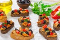 Close-up of delicious bruschetta with pieces of mackerel fish Royalty Free Stock Photo
