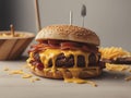 Close-up delicious burger with bacon and melted American cheese. Indulgence. Bacon-cheeseburger. Royalty Free Stock Photo