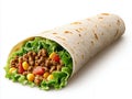 Close Up of a Delicious Burrito Filled with Ground Beef Corn and Lettuce on White Royalty Free Stock Photo