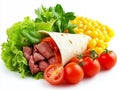 Close Up of a Delicious Burrito with Meat, Tomatoes, Corn and Lettuce on White Royalty Free Stock Photo