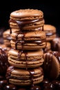 Close-up of Delicious Chocolate Macaroons Stack on Dark Background, Tempting Dessert Photography. Vertically oriented