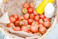 Close up of delicious chontaduro amazonian tropical fruit Bactris gasipaes inside of a basket