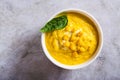 Close up of delicious corn cream soup in a bowl on the table top view Royalty Free Stock Photo