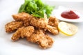 Close-up of delicious crispy fried chicken breast strips on white plate, Chicken nuggets with cornflakes salad and Royalty Free Stock Photo