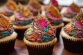 close-up of delicious decorated cupcakes