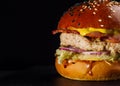 Close-up of delicious fresh home made burger with lettuce, cheese, onion and tomato. Royalty Free Stock Photo