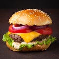 Close-up of delicious fresh home made burger with lettuce, cheese, onion and tomato on a dark background. fast food and junk food Royalty Free Stock Photo
