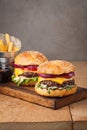 Close-up of delicious fresh home made burger with lettuce, cheese, onion and tomato on a rustic wooden board. Also fries with ketc Royalty Free Stock Photo