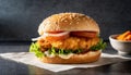 Close-up of delicious fresh tasty chicken burger. Tasty fast food Royalty Free Stock Photo