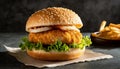 Close-up of delicious fresh tasty chicken burger. Tasty fast food Royalty Free Stock Photo