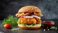 Close-up of delicious fresh tasty chicken burger. Tasty fast food Royalty Free Stock Photo