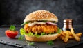 Close-up of delicious fresh tasty chicken burger. Tasty fast food Royalty Free Stock Photo