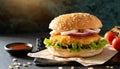 Close-up of delicious fresh tasty chicken burger. Tasty fast food Royalty Free Stock Photo