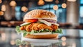 Close-up of delicious fresh tasty chicken burger on table. Cafe interior. Tasty fast food Royalty Free Stock Photo